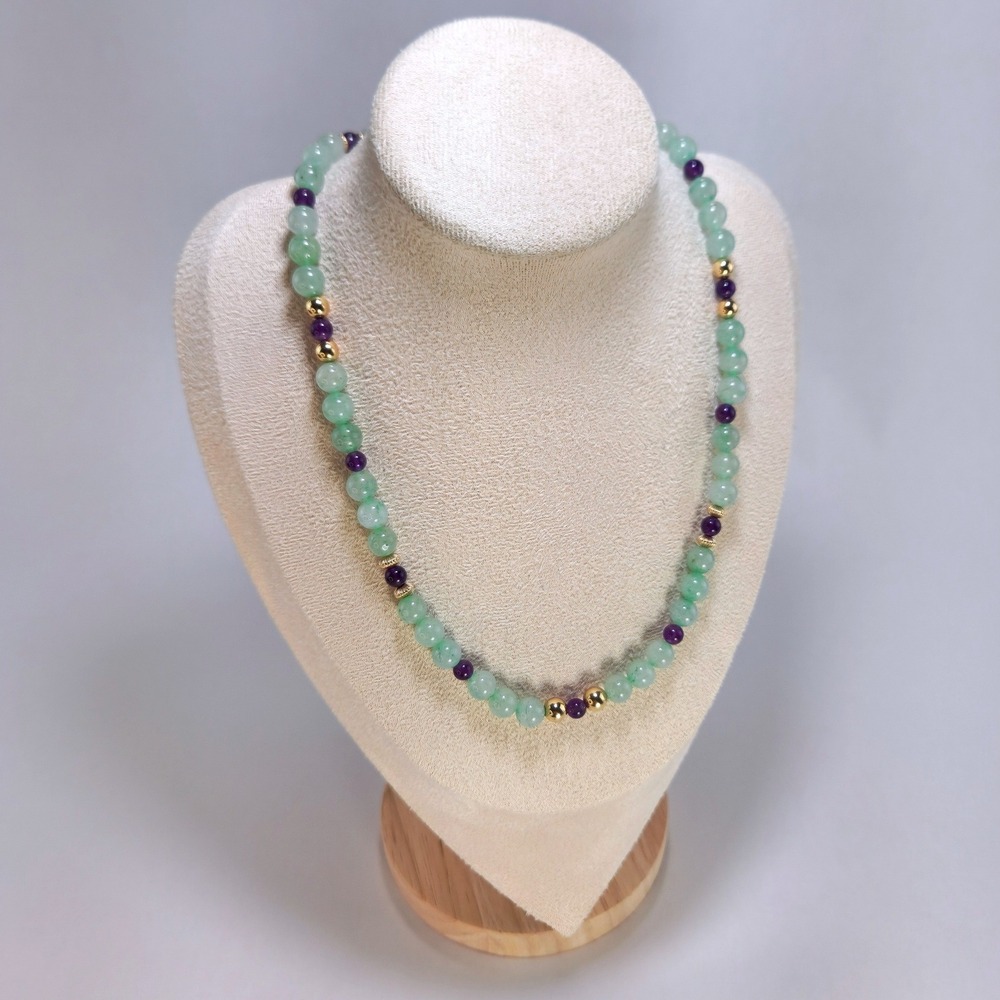 14K Gold Filled Clasp Green Purple Stone Bead Necklace Gold Tone Beads Spacers